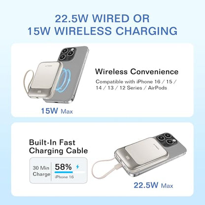 Magnetic Power Bank 10000mAh, Wireless Portable Charger with 15W Max Fast Charging & Built-in USB-C Cable, 22.5W PD LED Display Battery Pack Compatible with iPhone 17/16/15, Samsung Galaxy(white) - color: White