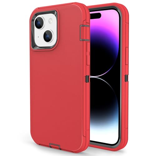 Compatible with iPhone 15, Dual Layer Shockproof Full Body Cover Military Grade Drop Protection Heavy Duty Phone Case for Apple iPhone 15/14/13 6.1 inch (Red/Black) - color: Red/Black