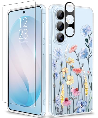 GVIEWIN for Samsung Galaxy S26 Case, Clear Floral Slim Shockproof Protective Women Phone Case, Non-Yellowing, with Screen Protector & Camera Lens Protector for Galaxy S26 6.3", Aconite/Light Blue - color: Aconite/Light Blue, size: For Galaxy S26 6.3"