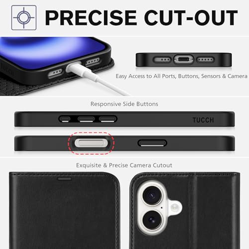 TUCCH Wallet Case for iPhone 16 (6.1") 2024, 4 Card Holders, Black | RFID Blocking, Viewing Stand, Shockproof TPU Shell, PU Leather, Magnetic Closure, Protective Folio Flip Cover - color: Black