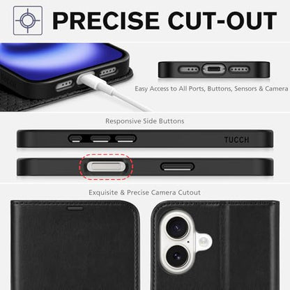 TUCCH Wallet Case for iPhone 16 (6.1") 2024, 4 Card Holders, Black | RFID Blocking, Viewing Stand, Shockproof TPU Shell, PU Leather, Magnetic Closure, Protective Folio Flip Cover - color: Black