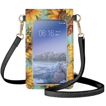 WELLFLYHOM Mini Touchscreen Crossbody Phone Bags for Women with Card Slots Shoulder Bag Purse Leather - color: 1 Sunflower Cow