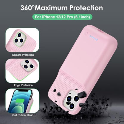 Battery Case for iPhone 12/12 Pro,[2025 Upgraded] 10800mAh Ultra-Slim Portable Extended Charger Case Cover for iPhone 12/12 Pro Charging Case (6.1 Inch)-Pink - color: Pink