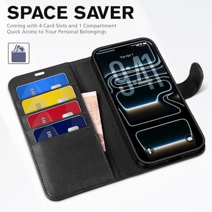 TUCCH Wallet Case for iPhone 17 Pro (6.3") 2025, 4 Card Holders, Black | RFID Blocking, Viewing Stand, Shockproof TPU Shell, PU Leather, Magnetic Closure, Protective Folio Flip Cover - color: Black