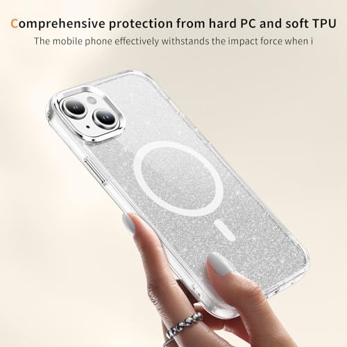 LEMAXELERS Cute Clear Sparkly for iPhone 15 Magnetic Case -Clear SF | Glitter Anti-Yellowing Slim TPU Bumper Compatible with Magsafe Shockproof Protective Transparent Cover - color: Clear, size: iPhone 15