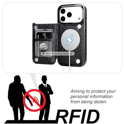 HAOPINSH Wallet Case for iPhone 17 Pro, Compatible with MagSafe Wireless Charging, Black Leopard Cheetah Pattern Back Flip Folio Leather Kickstand Card Slots Case Double Magnetic Clasp Cover 6.3" - color: Black Leopard for MagSafe