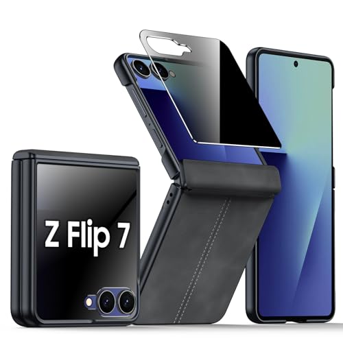 for Samsung Galaxy Z Flip 7 Case with Hinge Protection & Built-in Privacy Screen, Ultra Thin Stylish Leather Matte PC Durable Shockproof Cover Phone Case for Galaxy Z Flip 7-Black - color: Black-PSP, size: Z Flip 7