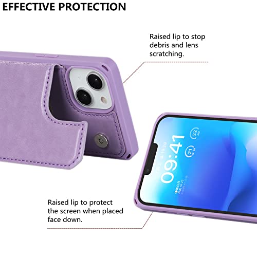 iCoverCase Compatible with iPhone 14 Wallet Phone Case with Card Holder for Women, RFID Blocking Embossed PU Leather Wrist Strap Case 6.1 Inch (Macaron Purple) - color: P-Purple