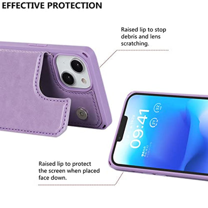 iCoverCase Compatible with iPhone 14 Wallet Phone Case with Card Holder for Women, RFID Blocking Embossed PU Leather Wrist Strap Case 6.1 Inch (Macaron Purple) - color: P-Purple