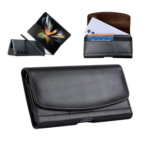 for Samsung Galaxy Z Fold 6 Z Fold 5 4 3 Belt Holster Phone Case, Leather Phone Pouch, Belt Clip Phone Holder with Card Slot for Galaxy Z Fold -Black