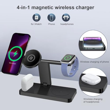 25W Magnetic Wireless Charging Stand 4 in 1 Wireless Charging Station for Mag-Safe,iPhone 17 Pro Max/17 Air/16 Pro/16 Plus/15/14/13/12 mini,AirPod Pro,Apple Watch