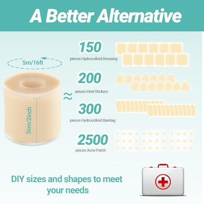 Upgraded 2in*16ft Hydrocolloid Roll for Wound Care, Hydrocolloid Patch Large Bandages with Self-Adhesive, Ultra Absorbent, Flexible, Waterproof, DIY Size, First Aid Kit Essential