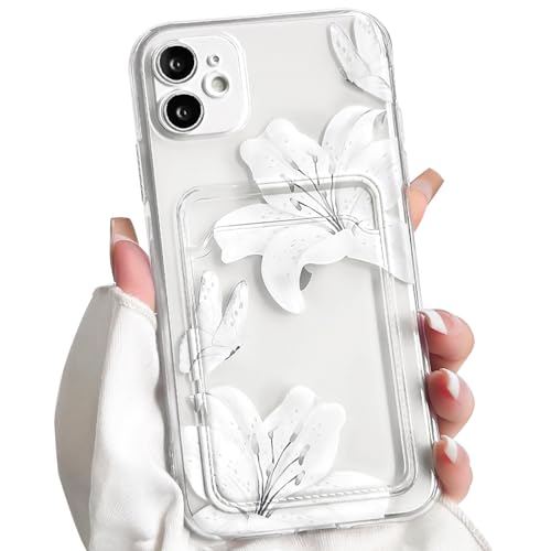 NITITOP Compatible with iPhone 12 Case with Card Holder Clear Cute Floral Lily Flowers Butterfly for Women Girls Soft TPU Shockproof Wallet Case Protective Phone Cover - White - color: White, size: iPhone 12