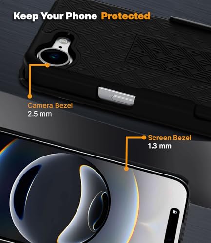 MOTIVE for iPhone 16e Case with Belt Clip, Rigid, Kickstand | 6.1" | Ranger v1 Series, Black, 360° holster, open-top/open-bottom port access, textured grip, slim - size: iPhone 16e