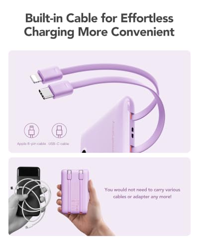 Mini Portable Charger with Built-in Cables 22.5W Fast Charging Power Bank USB-C Small Battery Pack 10000mAh Travel Essential Slim Battery for iPhone 17/16/15/14, Samsung 25/24, and More - color: Purple