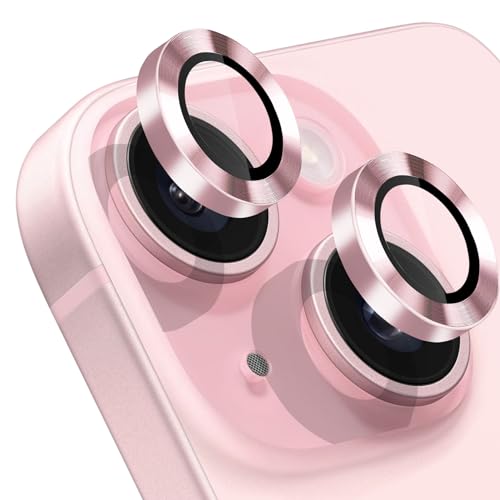 Compatible with iPhone 15 and 15 Plus Camera Lens Protector, Anti-Scratch Lens Cover 9H Tempered Glass Metal Camera Screen Protector Shockproof Camera Ring for iPhone 15 and 15 Plus - 2 Pcs Pink - color: Pink