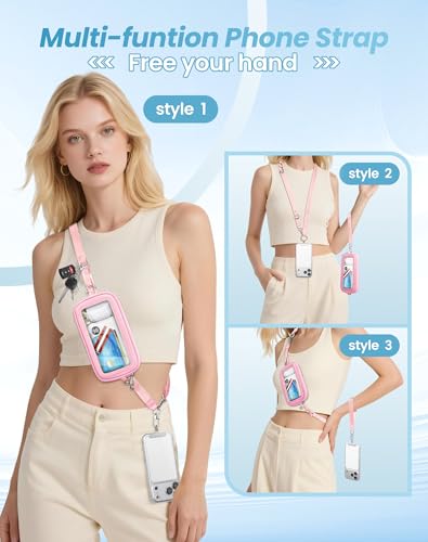 SHANSHUI Clip and Go Phone Lanyard Wallet, Hands Free Crossbody Strap with Zipper Pocket & ID Window, Includes 2 Metal Tether Pads for Phones, Keys, Earphones, Accessories Pink - color: Pink