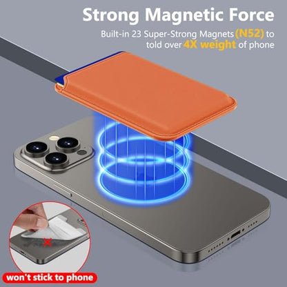 Compatible with MagSafe Wallet, Magnetic Phone Wallet 3 Cards Holder, 23 Magnets, Credit Card RFID Blocking, Slim Leather, Magnetic Wallets for iPhone 17/16/15/14/13/12 Series-Orange - color: Orange