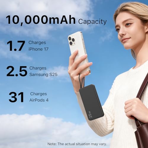 NOBIS Portable Charger 10000mAh 25W Power Bank with Built-in Cable - color: Black