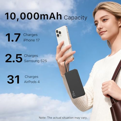 NOBIS Portable Charger 10000mAh 25W Power Bank with Built-in Cable - color: Black