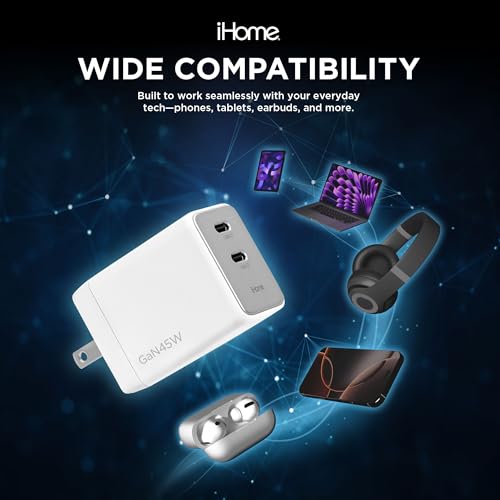 iHome GaN Universal USB-C Charger Block, Power Delivery, Folding Prongs, Compact Travel Design for Phones, Tablets & USB-C Devices (White, 45W) - color: White, size: 45W