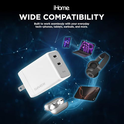iHome GaN Universal USB-C Charger Block, Power Delivery, Folding Prongs, Compact Travel Design for Phones, Tablets & USB-C Devices (White, 45W) - color: White, size: 45W