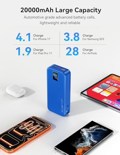 Portable Charger 20000mAh 22.5W w/Built-in Cable & Wall Plug Navy - color: Indigo