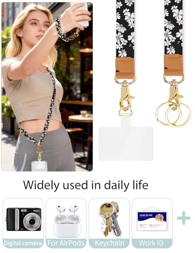 Phone Lanyard Crossbody Strap, Adjustable Neck Strap and Wristlet Strap for Phone Wallet ID Badge with 2 Phone Tabs - color: Black Daisies