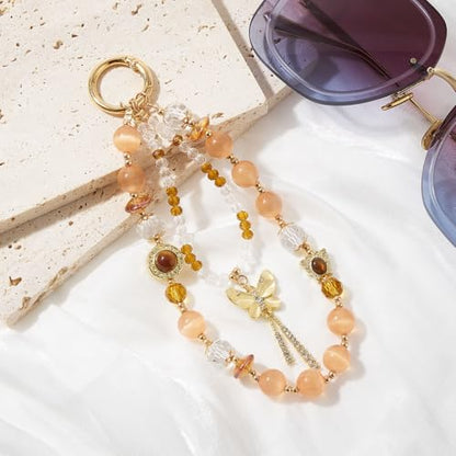WOZEAH Phone Charm for Women, Beaded Wrist Strap Lanyard with Tether Tab – Anti-Theft Hands-Free Detachable Phone Chain Wristlet - color: Amber Butterfly Tassel
