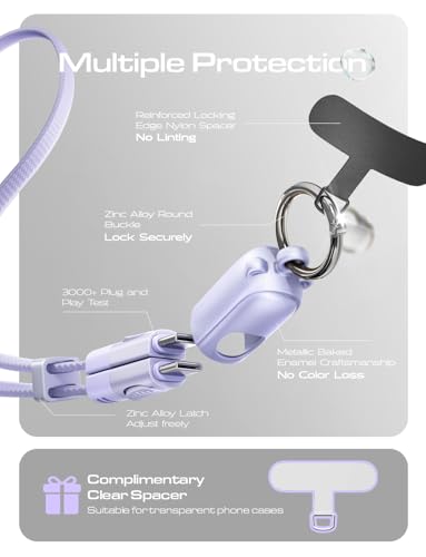 LISEN Teacher Lanyard, 60W USB C Cable Phone Wrist Strap, Anti Theft Phone Strap, Phone Charm with 2 Pack Tether Tab, Wrist Lanyard for Women and Men, Teacher, Purple Phone Lanyard - color: Purple, size: 9.1in Wrist Strap