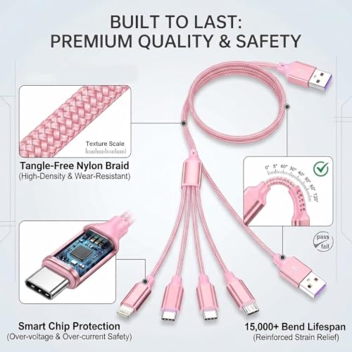 4 in 1 Multi Charging Cable 4ft 2 Pack,Braided MFi Certified Charger Cable - color: Rose-4ft-2Pack