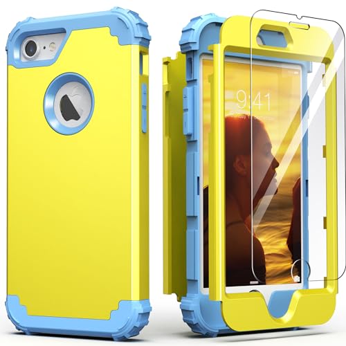 IDweel for iPhone 8 Case with Screen Protector,for iPhone 7 Case, 3 in 1 Shockproof Hybrid Heavy Duty Hard PC Cover Soft Silicone Sturdy Bumper Full Body Sturdy Case,Yellow/Peace Blue Blue - color: Yellow/Peace Blue