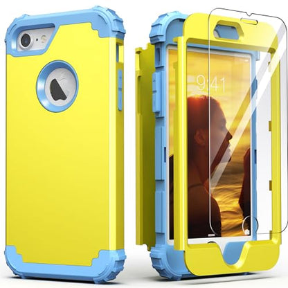 IDweel for iPhone 8 Case with Screen Protector,for iPhone 7 Case, 3 in 1 Shockproof Hybrid Heavy Duty Hard PC Cover Soft Silicone Sturdy Bumper Full Body Sturdy Case,Yellow/Peace Blue Blue - color: Yellow/Peace Blue