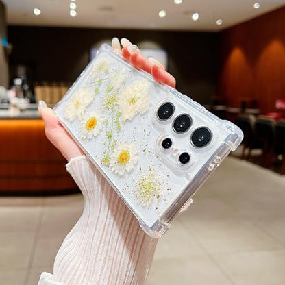 Compatible with Samsung Galaxy S23 Ultra Case Cute Pressed Dried Real Flowers Design Women Girly Shockproof Glitter Floral Clear Phone Cover S23 Ultra (White Flower) - color: White Flower, size: Samsung S23 Ultra