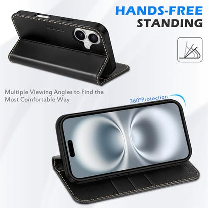 SHIELDON Genuine Leather Wallet Case for iPhone 16 6.1" 2024, Retro Black | Magnetic Closure, RFID Blocking, Credit Card Holder, Kickstand, Folio Design, Shockproof Phone Cover for Men Women - color: Retro Black