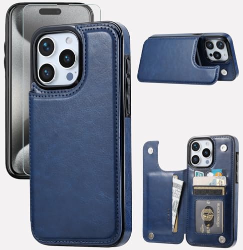 Wallet Case Compatible with iPhone 15 Pro Max(6.7"),Slim Protective case with Card Holder,Premium PU Leather Kickstand Card Slots Case with 1 Screen Protective Glass-Deep Blue - color: Deep Blue