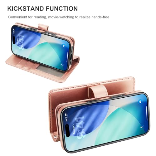 Bocasal Detachable Wallet Case Card Holder for iPhone 17 Pro, Rose Gold | RFID Blocking Kickstand Card Slots Holder PU Leather Magnetic Shockproof Wrist Strap Removable Flip Protective Cover 6.3 inch - color: Rose Gold