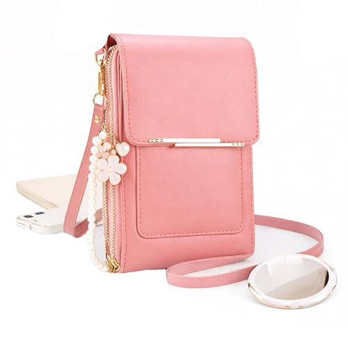 Touch Screen Phone Crossbody Bag, Waterproof PU Leather with Adjustable Shoulder Straps, for Women Outdoor, Travel - color: Pink