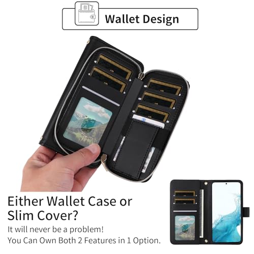 Wallet Case for Samsung Galaxy S21 5G 6.2 inch with Wrist Strap, 9+ Card Slots Zipper Purse, Luxury PU Leather Stand Full Body Accessories Cell Phone Cover for S 21 21S G5 Women Girls Black | Girls, Wrist/Shoulder Strap, 9+ Card Slots Zipper Purse, Luxury