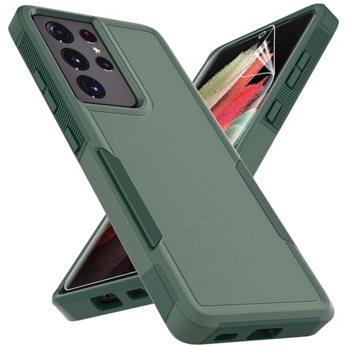 for Samsung Galaxy S21 Ultra Case: Dual Layer Protective Heavy Duty Cell Phone Cover Shockproof Rugged with Screen Protector - Military Protection Bumper Tough - Samsung Galaxy S21 Ultra, Dark Green - color: Dark Green (PC) + Dark Green (TPU)