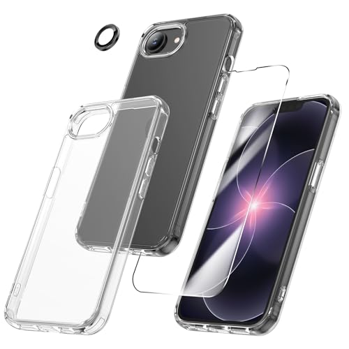 Maxdara for iPhone 17e Case & iPhone 16e Case A-Black | 3 in 1, with Front Tempered Glass Screen Protector & Camera Lens Protector, Transparent Slim Shockproof Cover - color: A-Black, size: for 17e/16e