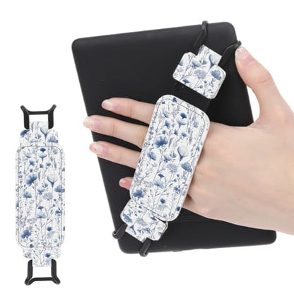 Secure Hand Strap for 6-7.5" Kindle and Tablets, Versatile Lightweight Faux Leather E-Book Grip Holder, Heavy-Duty E-Book Accessories for Reading Lover Gift (Blue Flowers) - color: Blue Flowers