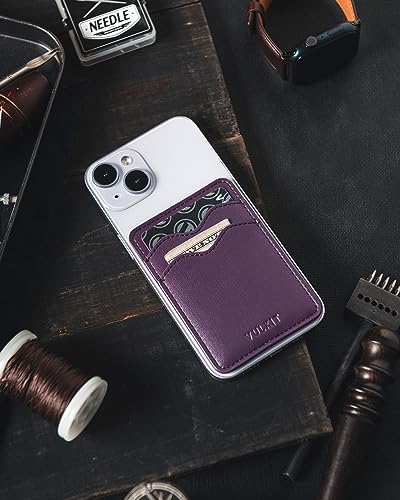 VULKIT Stick on Card Holder Compatible for iphone Leather Cell Phone Wallet Credit Card Case Strong Sticker for Women - color: Purple