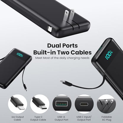 Portable Charger with Built-in AC Plug and Cables,13800mAh All in One USB C Fast Charging Power Bank,Travel Essentials Portable Phone Charger Battery Pack for iPhone 18/17/16/15/14/13,Galaxy,Android - color: Black