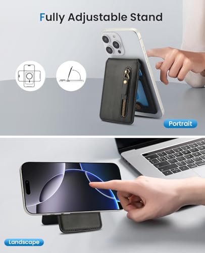 HAII for MagSafe Card Wallet Bag compatible with MagSafe Invisible Ultra-Thin Lightweight Kickstand Magnetic Mobile Wallet Man Woman, 4 Card Slots + 1 Zipper Cash Bag. (Black, Zipper) - color: Black, size: 4 Card Slots + 1 Zipper Cash Bag - Zipper
