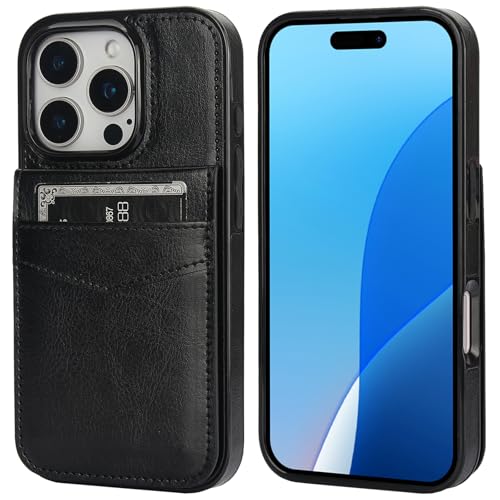 KIHUWEY for iPhone 16 Pro Wallet Case Card Holder Kickstand, Black | Credit Card Slots, PU Leather, Magnetic Clasp, Flip Heavy Duty Protection Cover for Men and Women - color: Black