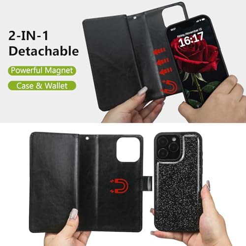 Varikke for iPhone 13 Pro Case Wallet Magnetic Detachable Bling, Black - color: (Standard) Black, size: iPhone 13 Pro 6.1"