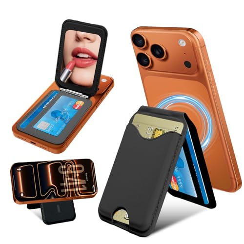 Upgraded for MagSafe Wallet with Makeup mirror，Stronger Magnetic rfid blocking Wallet for iPhone Air 17 16 15 14 13 12 Pro Max,4 Cards Holder with Adjustable Stand(Black) - color: Black