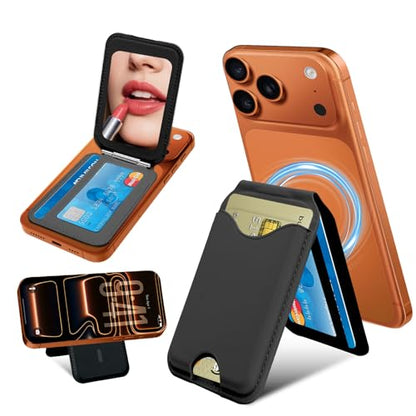 Upgraded for MagSafe Wallet with Makeup mirror，Stronger Magnetic rfid blocking Wallet for iPhone Air 17 16 15 14 13 12 Pro Max,4 Cards Holder with Adjustable Stand(Black) - color: Black