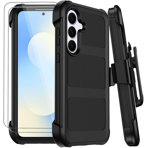 for Samsung Galaxy S25 FE Case with Belt Clip Holster,Military Grade Anti-Drop Shockproof Defender Phone Cases 2X Screen Protectors,2 Layers Rugged Heavy Duty Protective Bumper Cover (Black) - color: Black